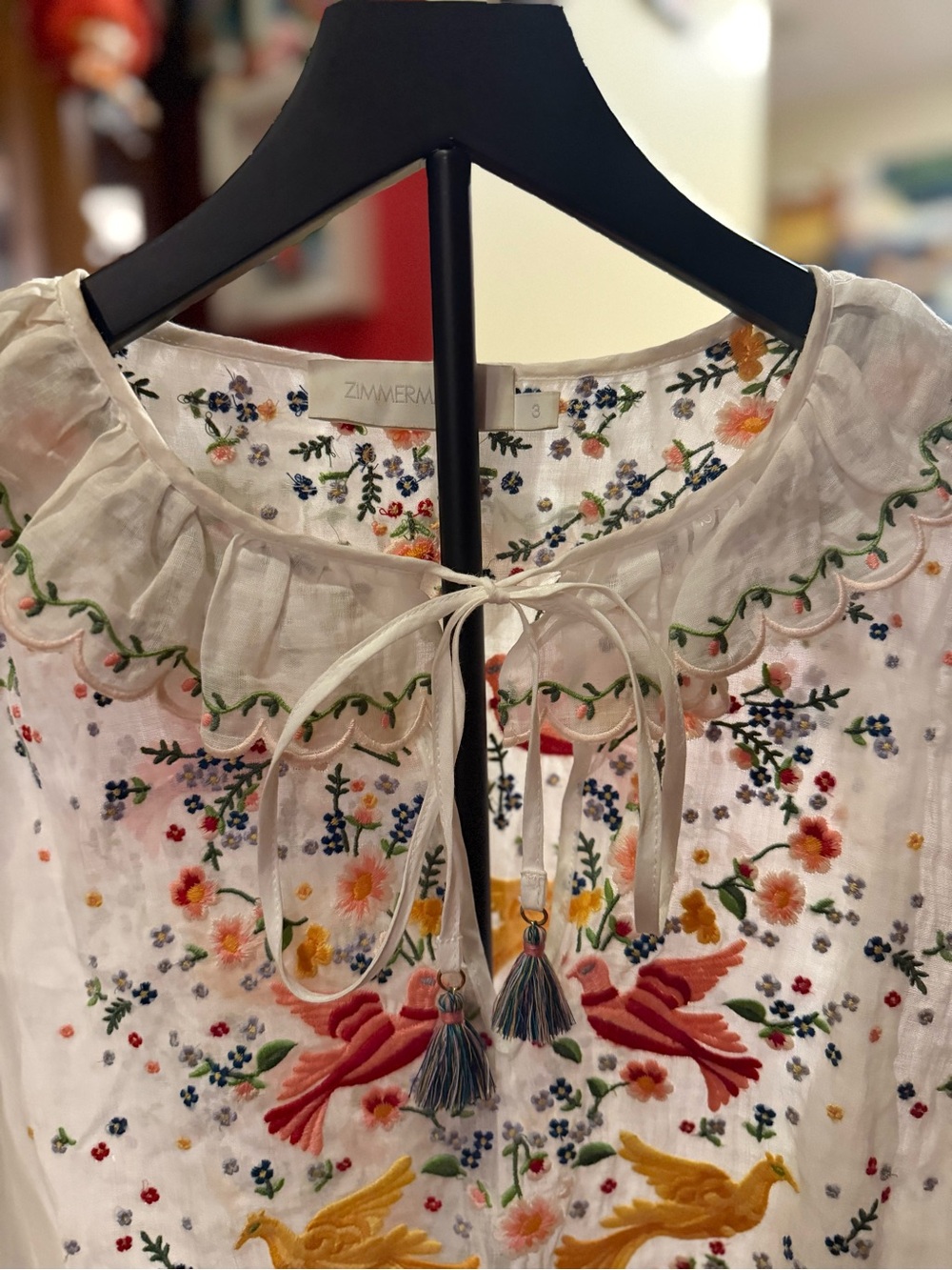 Zimmermann White Embroidered Peasant Blouse with Floral & Bird Motif W/tassels - Picture 9 of 10